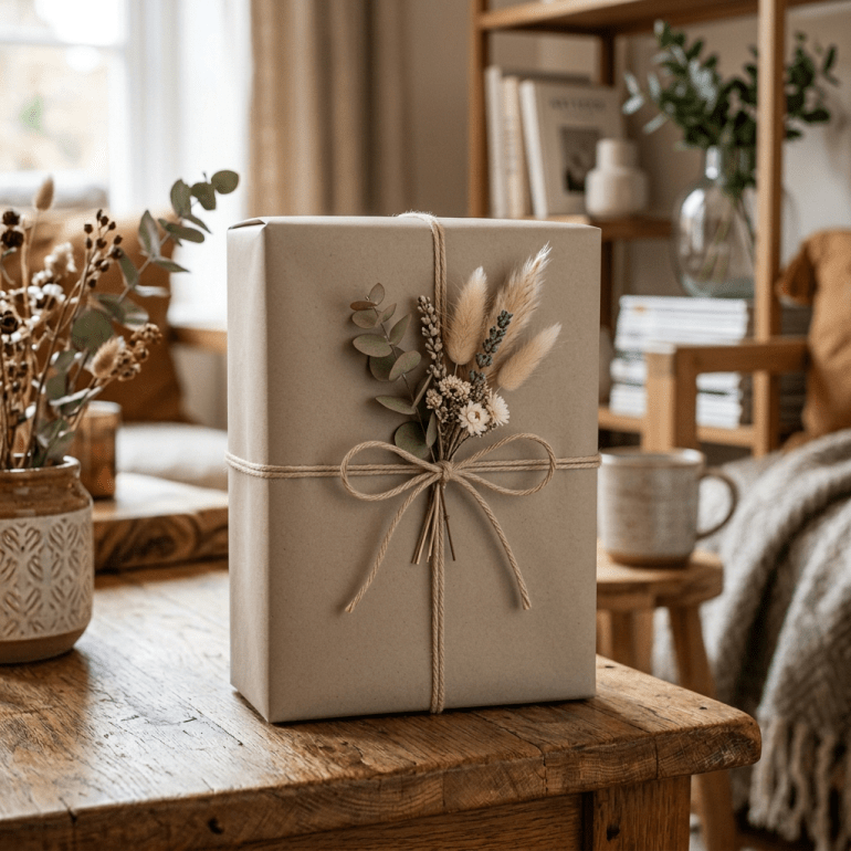Christmas gift box wrapped in teal paper with gold stars and a beige striped ribbon decorated with pine cones, red berries, and greenery